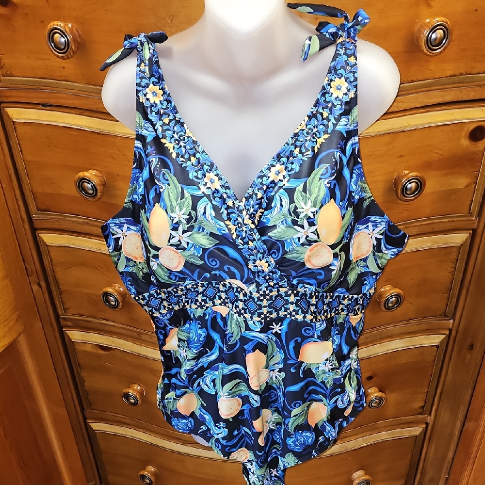 Women's Floral and Fruit Patterned One Piece Swimsuit W/Matching Skirt